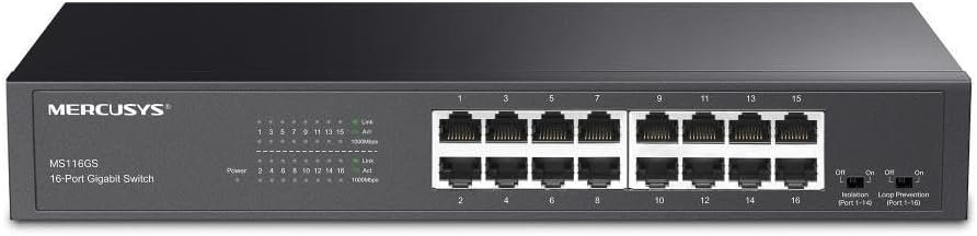 414hLCxrBFL._AC_SL1000_ محول شبكة ميركيسيس MS116GS بـ 16 منفذ جيجابت يركب على سطح المكتب أو داخل رف توصيل وتشغيل مع أولوية لحركة المرور المهمة مع حدوث حلقات الشبكة ووضع العزل وتشغيل صامت مع هيكل من تي بي لينك - Image 1