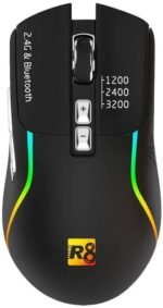 ماوس العاب لاسلكي R8 1761 RGB قابل لاعادة الشحن بوضع مزدوج وبلوتوث 2.4G 10 متر - اضاءة RGB - 7 ازرار - زر تشغيل/إيقاف موفر للطاقة - 3200 نقطة لكل بوصة - خفيف الوزن - للاعمال المكتبية