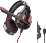 سماعات رأس Q10 بإضاءة ليد افتراضية 7.1 قناة بمنفذ USB مع ميكروفون بخاصية إلغاء الضوضاء وصوت ستيريو محيطي 3D وتحكم في مستوى الصوت للكمبيوتر وماك وأجهزة تشغيل ألعاب الفيديو من اوفلينج، أسود وأحمر