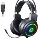 سماعة راس للالعاب اتش بي H100 بمنفذ USB 7.1 بصوت محيطي وتاثير اضاءة ملونة RGB - لطيفة على البشرة وجيدة التهوية - ميكروفون مرن لتقليل الضوضاء - مشغلات 50 ملم - للكمبيوتر وبلاي ستيشن 4 | اسود