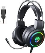 سماعة راس للالعاب اتش بي H100 بمنفذ USB 7.1 بصوت محيطي وتاثير اضاءة ملونة RGB - لطيفة على البشرة وجيدة التهوية - ميكروفون مرن لتقليل الضوضاء - مشغلات 50 ملم - للكمبيوتر وبلاي ستيشن 4 | اسود